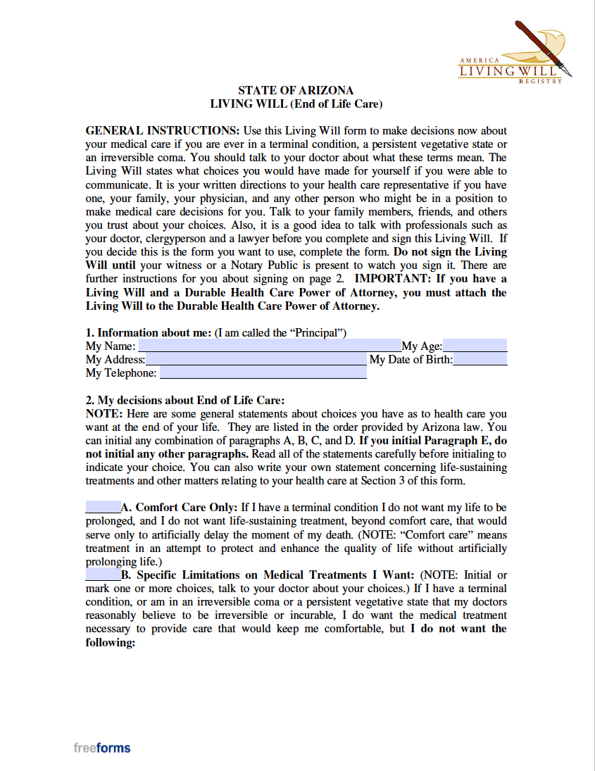 Free Arizona Living Will Form PDF