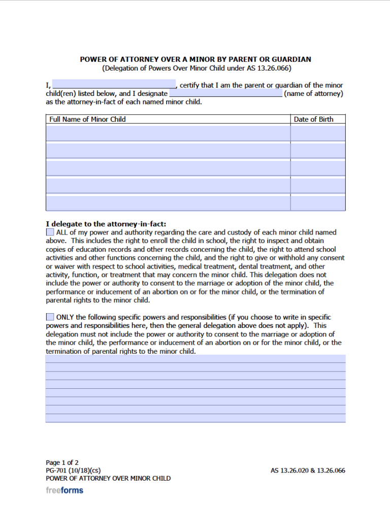 Free Alaska Minor (Child) Power of Attorney Form PDF