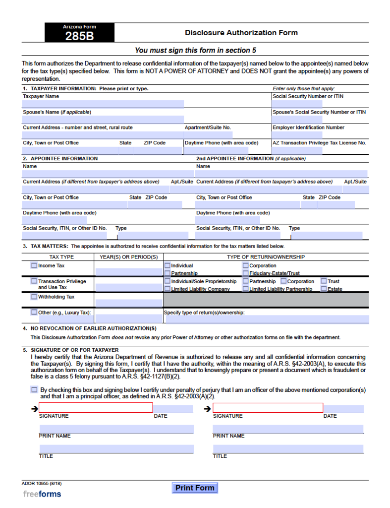 Free Arizona State Tax Power of Attorney (Form 285) | PDF