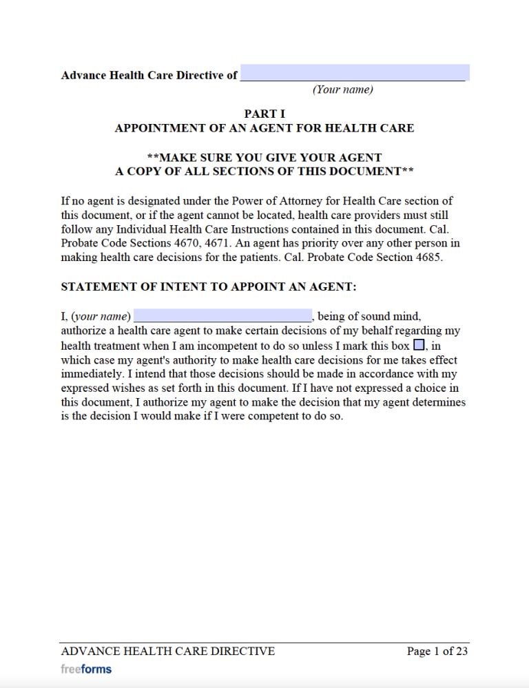 Free California Advance Directive Form (Medical POA & Living Will) PDF