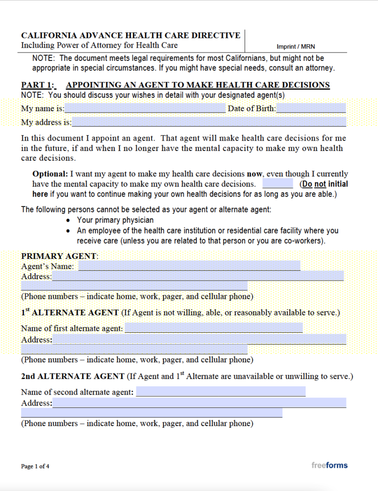 Free California Advance Directive Form (Medical POA & Living Will) PDF