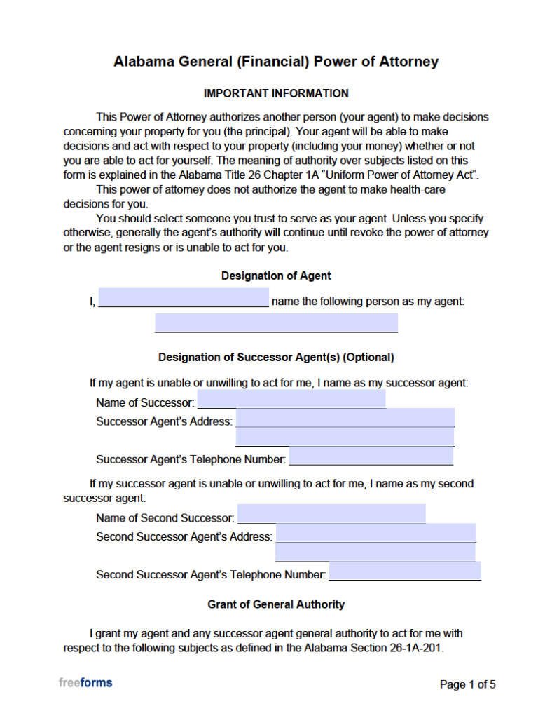 Free Alabama General (Financial) Power of Attorney Form | PDF