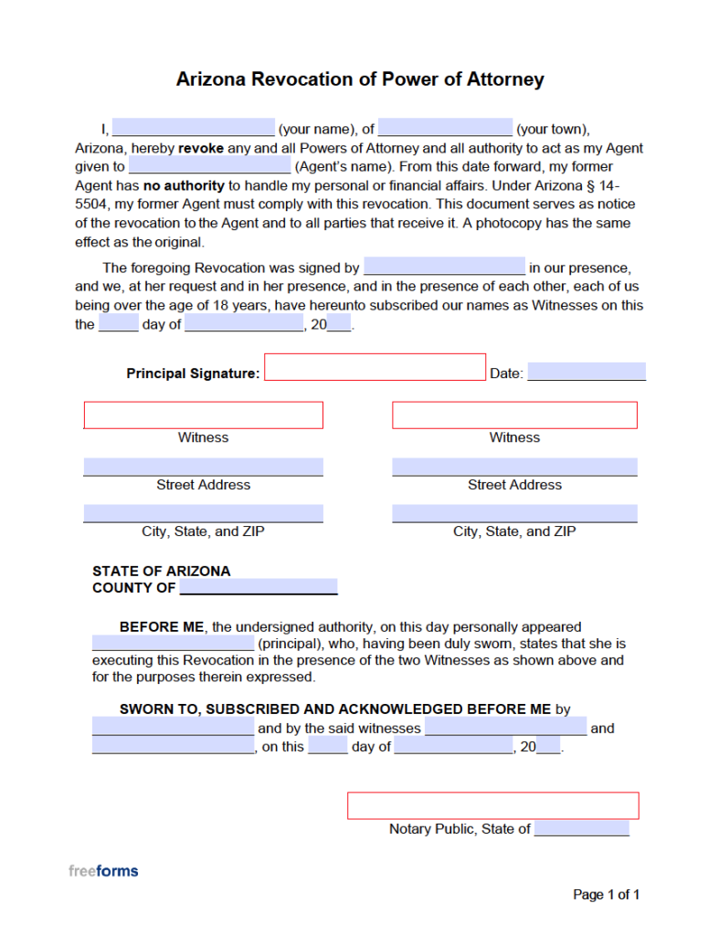 Free Arizona Revocation Of Power Of Attorney Form Pdf 2375