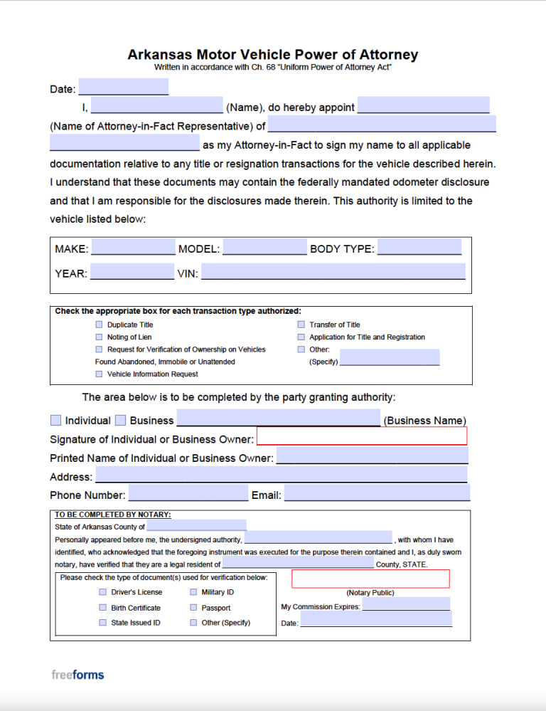 Free Arkansas Motor Vehicle Power of Attorney Form | PDF