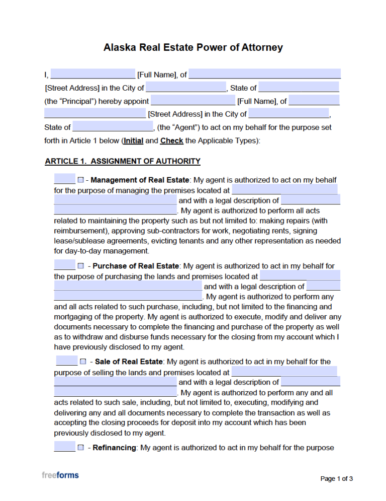 Free Alaska Real Estate Power of Attorney Form PDF
