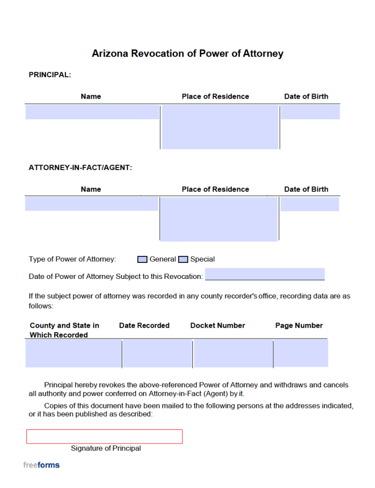 Free Arizona Revocation of Power of Attorney Form PDF