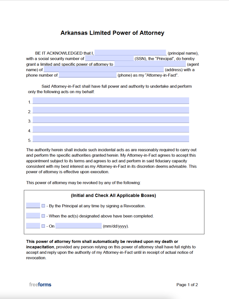 Free Arkansas Limited (Special) Power of Attorney Form | PDF | WORD