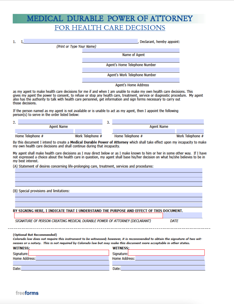 Free Colorado Medical Power of Attorney Form | PDF