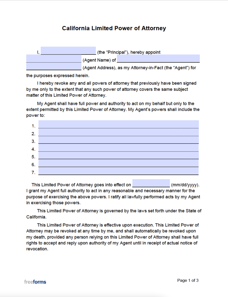 Free California Limited Special Power Of Attorney Form Pdf Word 8256