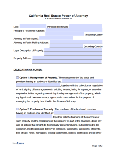 Free California Real Estate Power of Attorney Form PDF Word