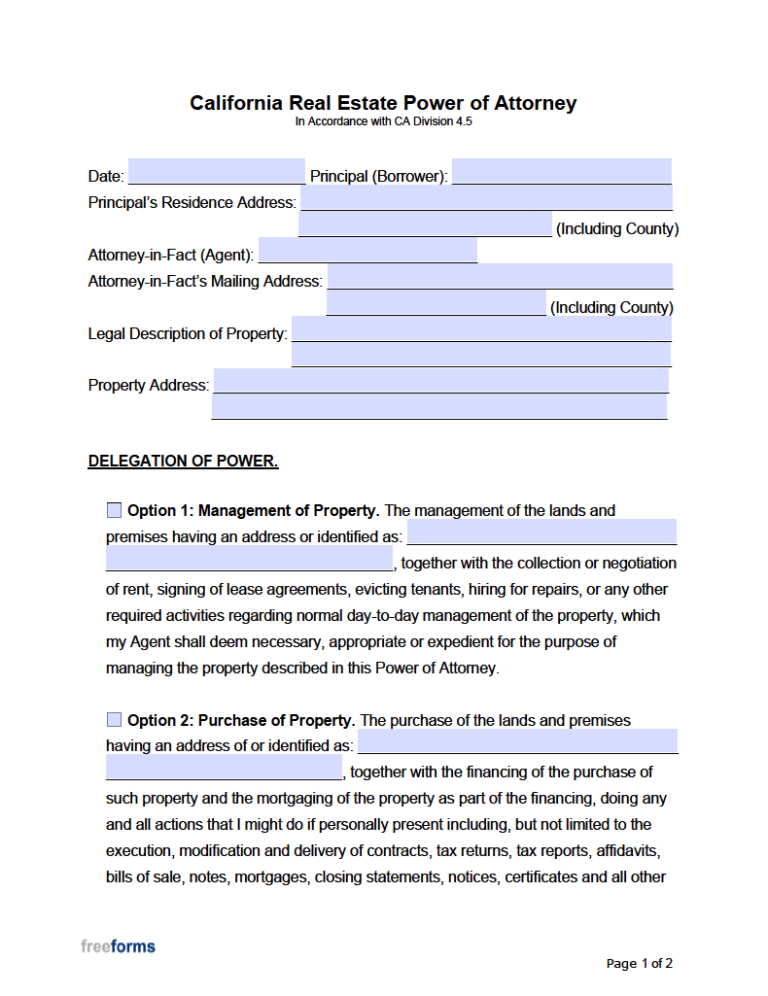 Free California Real Estate Power of Attorney Form | PDF | WORD