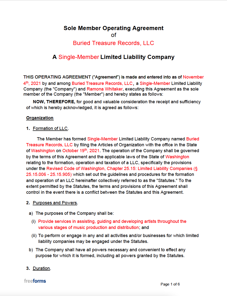 Free SingleMember LLC Operating Agreement Template PDF WORD