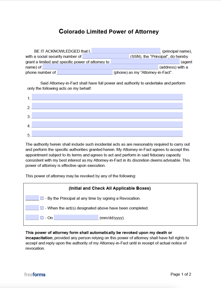 Free Colorado Limited Special Power Of Attorney Form Pdf Word 7089