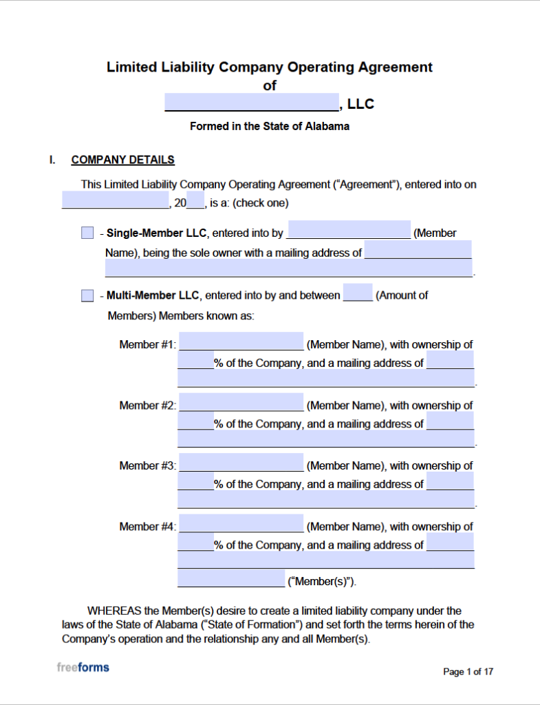 Free Alabama LLC Operating Agreement Template | PDF | WORD