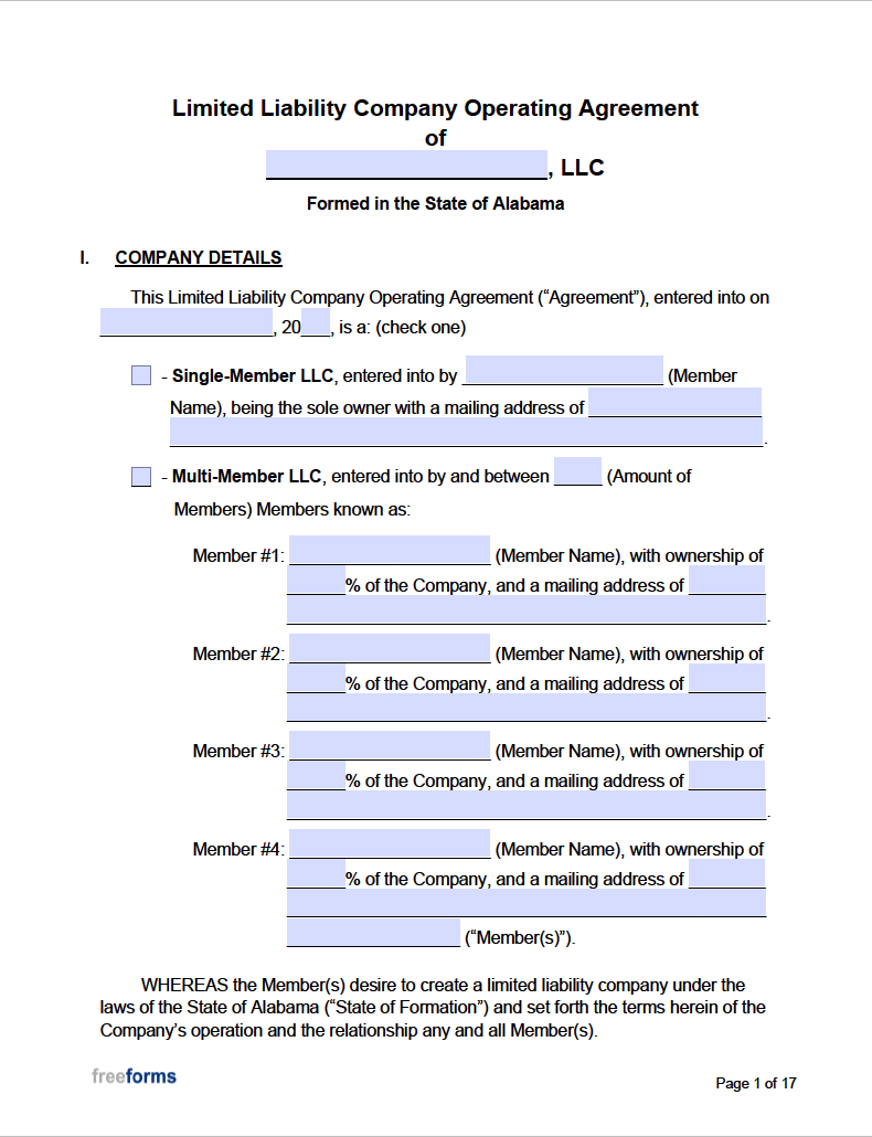 Free Alabama LLC Operating Agreement Template PDF WORD