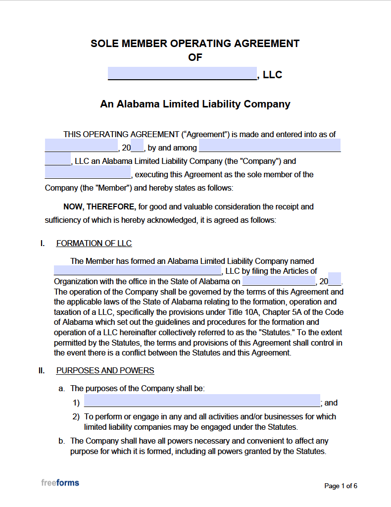 Free Alabama LLC Operating Agreement Template PDF WORD