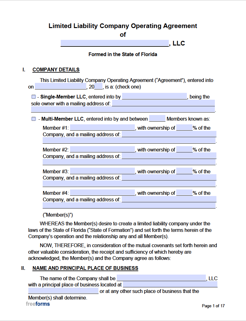 Free Florida Llc Operating Agreement Template Pdf Word