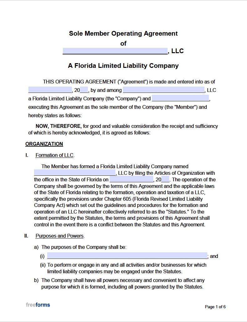 simple llc operating agreement florida