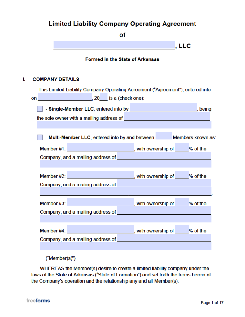 Free Arkansas Llc Operating Agreement Template 