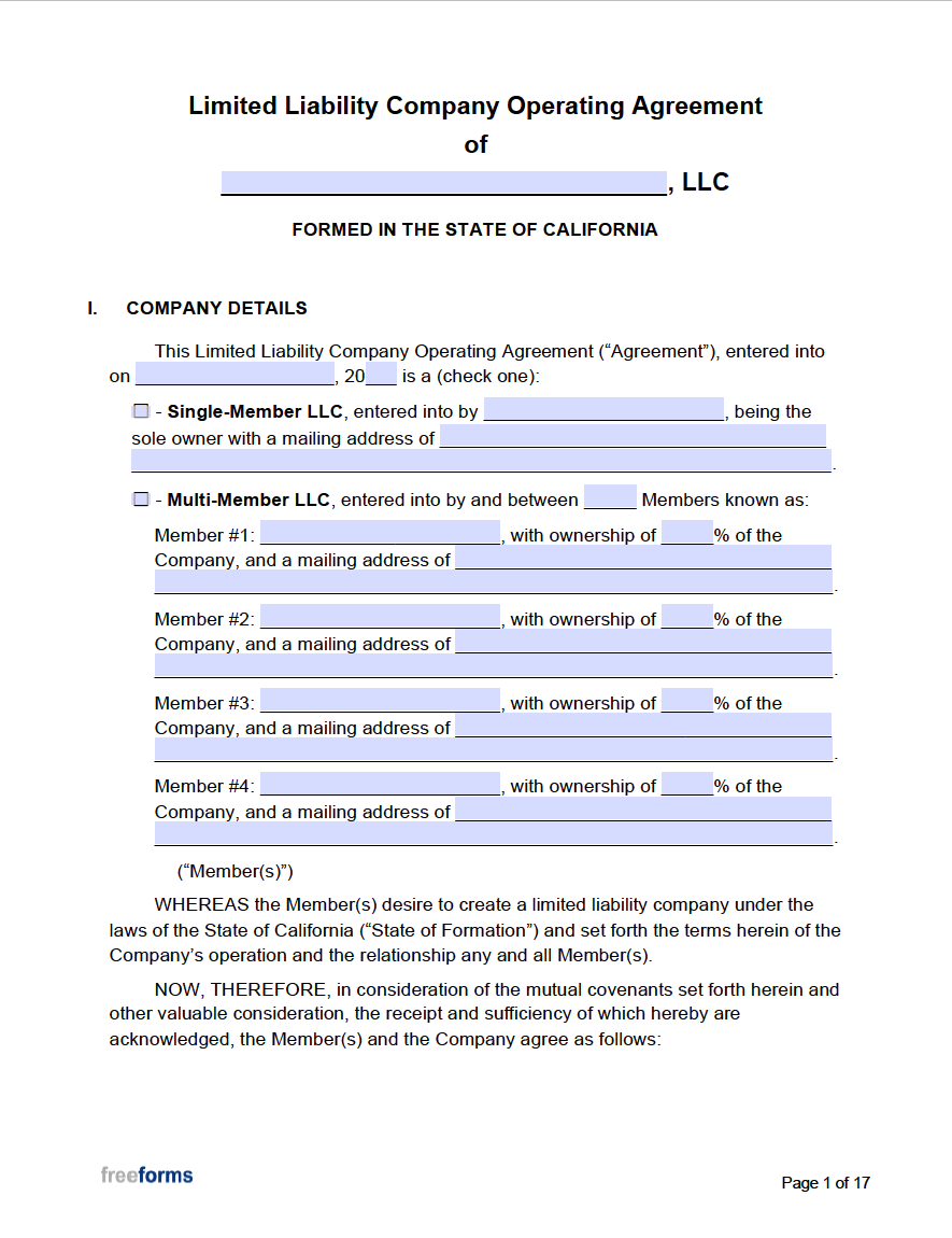 operating agreement for llc template