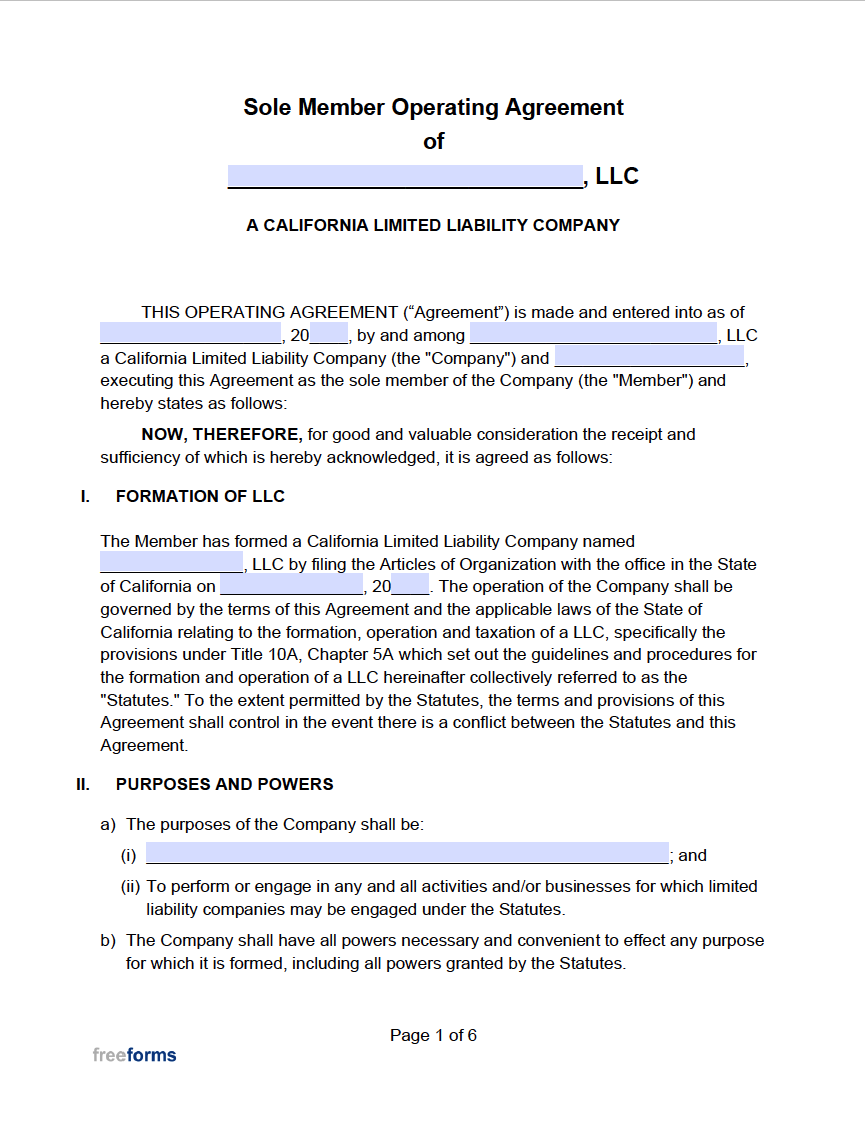 California Single Member Llc Operating Agreement Template