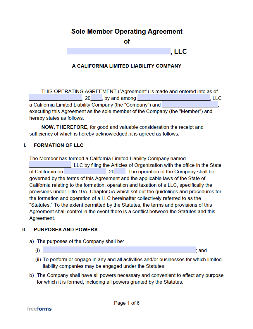 California Llc Operating Agreement Template