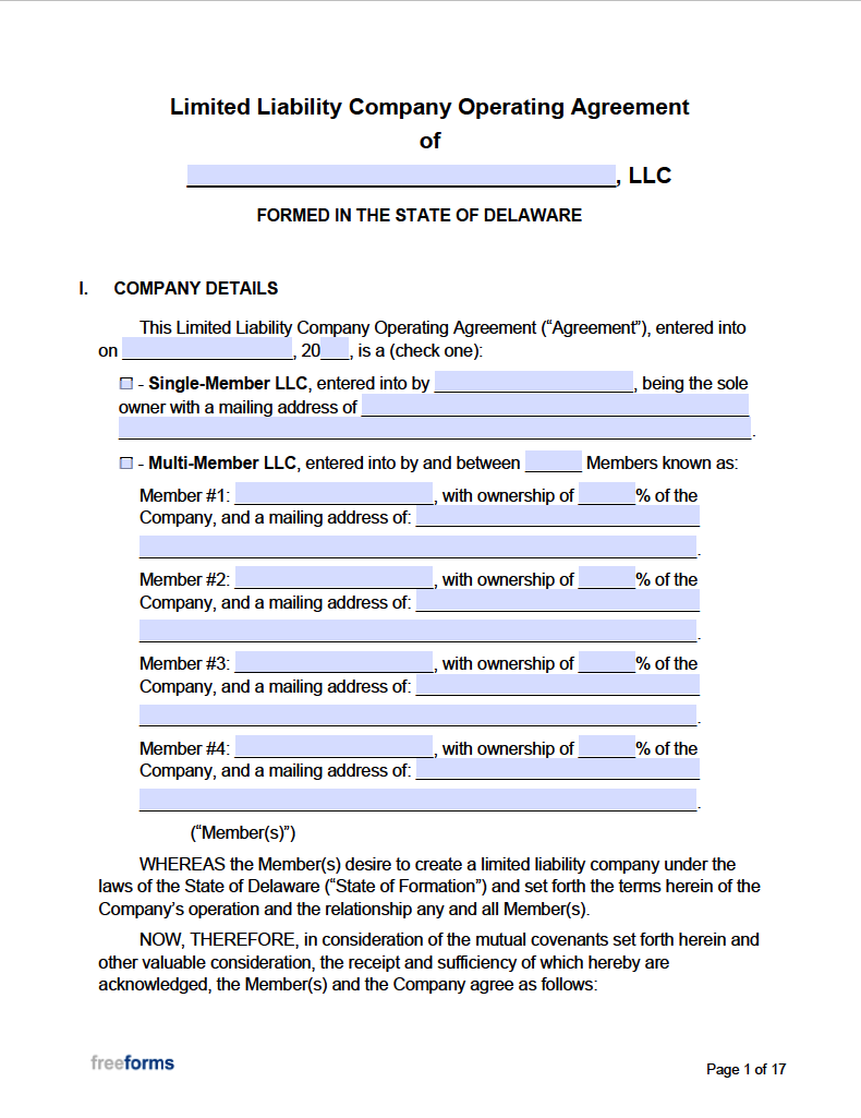 Free Delaware LLC Operating Agreement Template PDF WORD