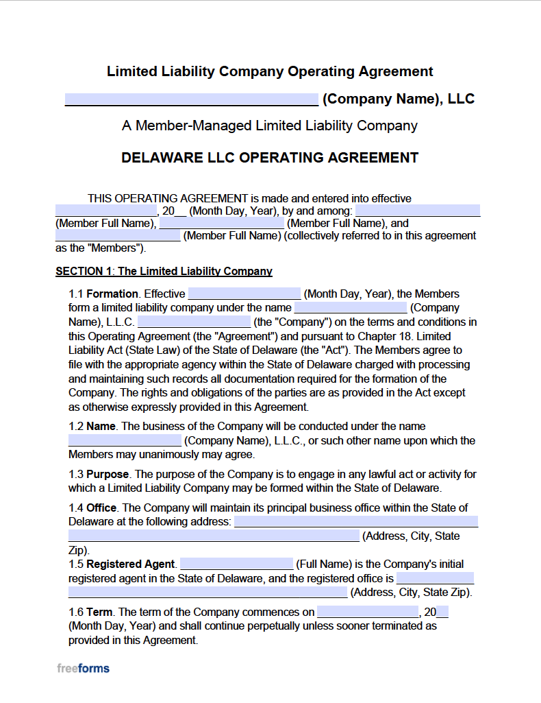 Free Delaware LLC Operating Agreement Template PDF WORD