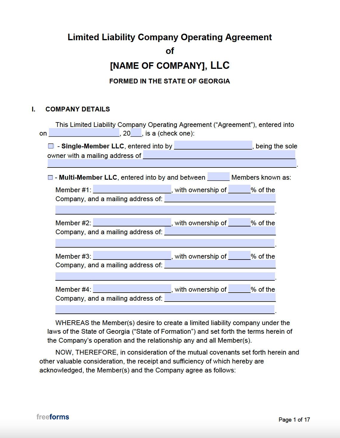 Free Georgia LLC Operating Agreement Template PDF WORD