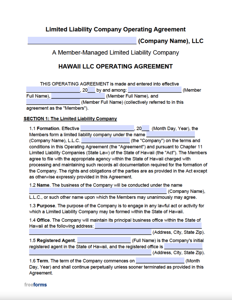 Free Hawaii Multi-Member LLC Operating Agreement Form | PDF | WORD