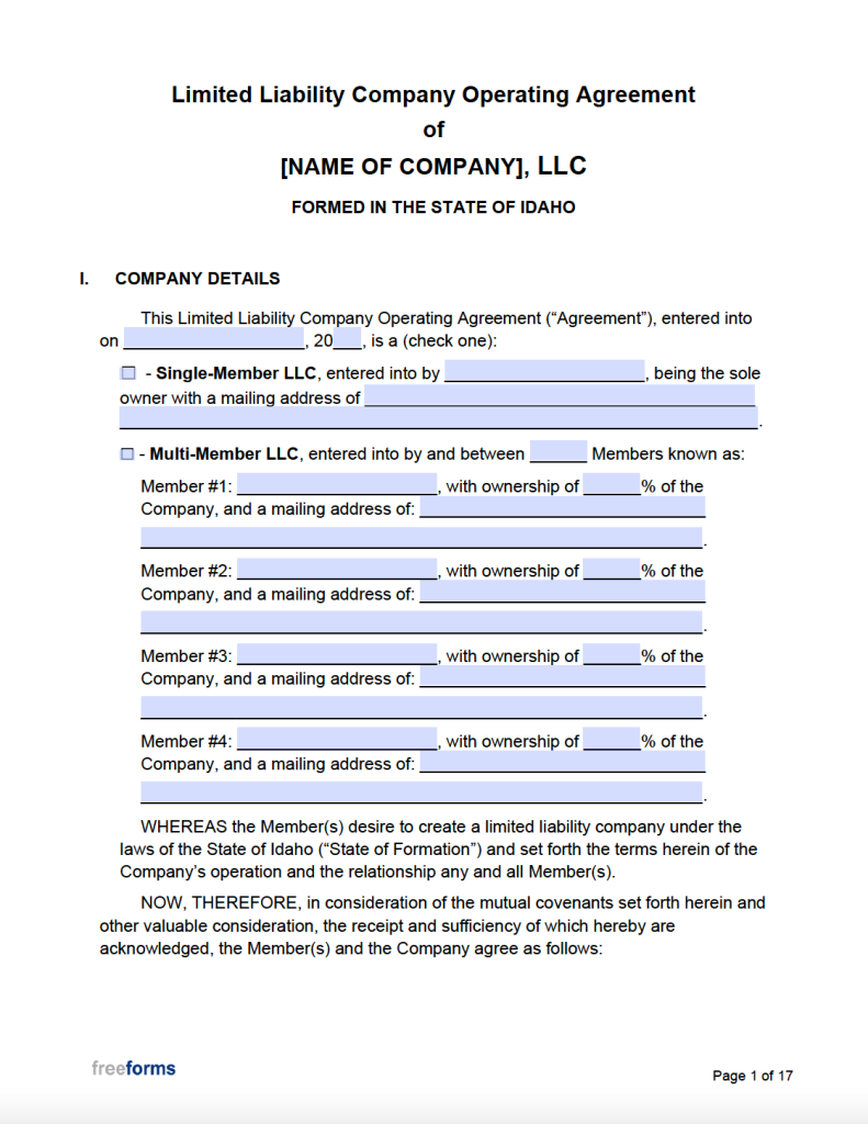 Free Idaho LLC Operating Agreement Template | PDF | WORD