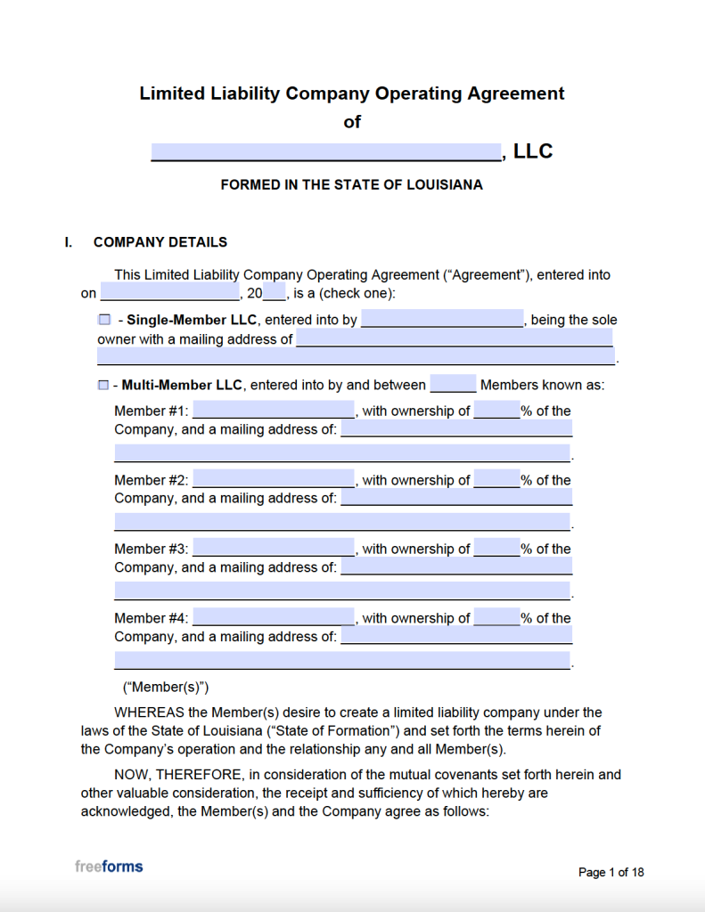 Free Louisiana LLC Operating Agreement Template PDF WORD