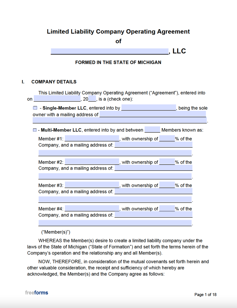 Free Michigan LLC Operating Agreement Template PDF WORD