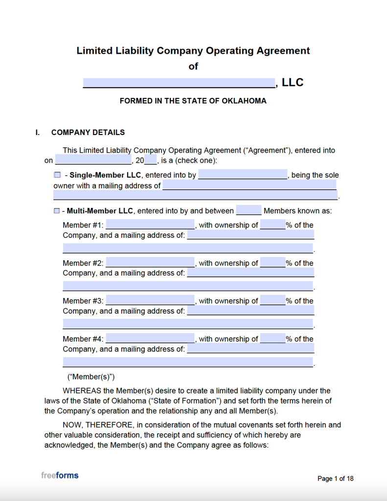 Free Oklahoma LLC Operating Agreement Template PDF WORD