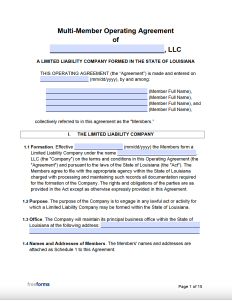 Free Louisiana Multi-Member LLC Operating Agreement Form | PDF | WORD