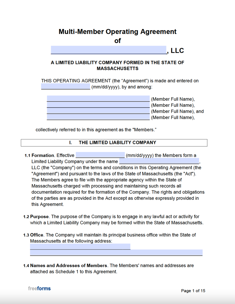 Free Massachusetts Multi-Member LLC Operating Agreement Form | PDF | WORD