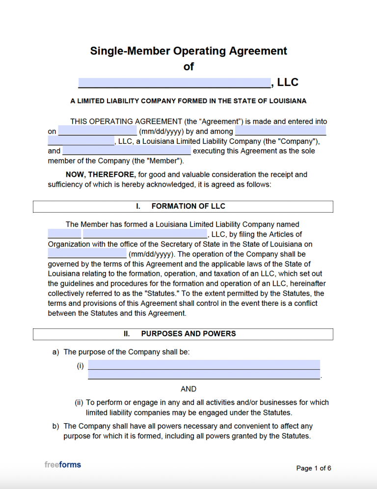 Free Louisiana Single Member Llc Operating Agreement Form Pdf Word 7335