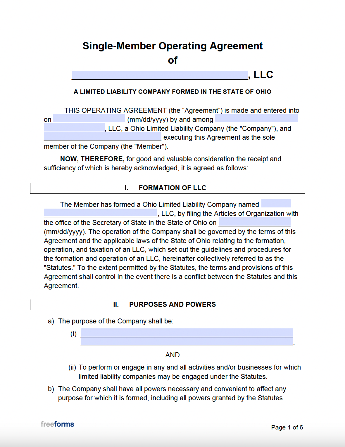 Free Ohio LLC Operating Agreement Template PDF WORD