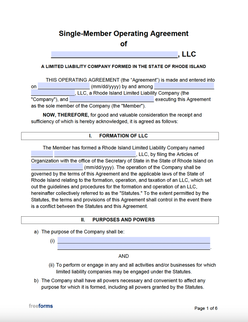 Free Rhode Island Single-Member LLC Operating Agreement Form | PDF | WORD