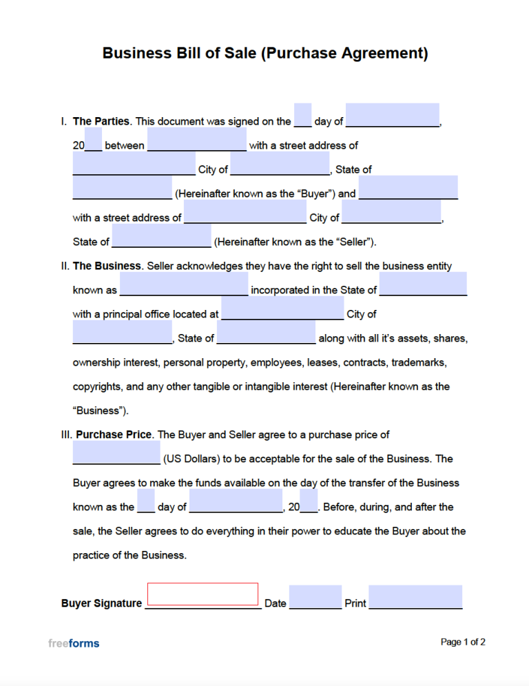 Free Business Bill of Sale Form (Purchase Agreement) | PDF