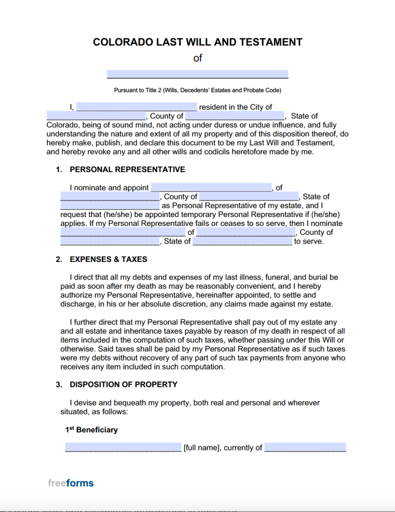 Free Colorado Last Will And Testament Template PDF Word Free Colorado Last Will And Testament Template PDF Word